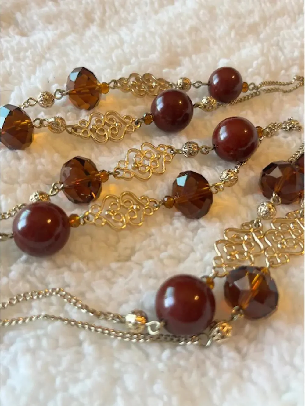 Vintage Style Beaded Long Necklace with Brown and Amber Beads